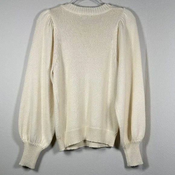 525 America Ivory Cotton Puff Sleeve Sweater Knit Pullover Cozy Chic Size M - Picture 6 of 8